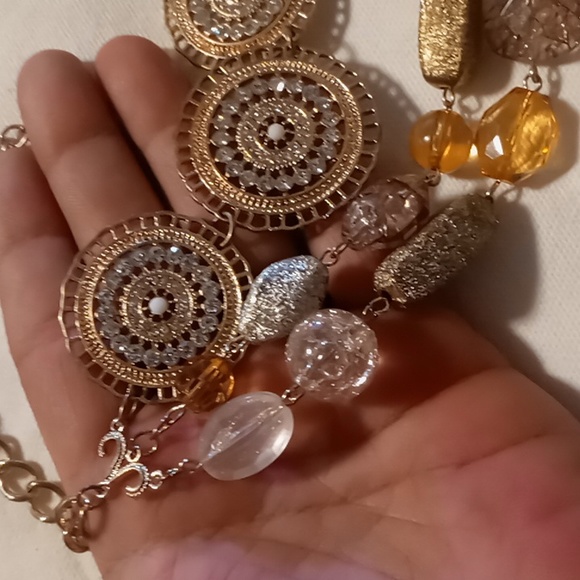 Layered Statement necklace gold tone crystals and beaded 16 -18- 20 + 4 in. - Picture 5 of 6